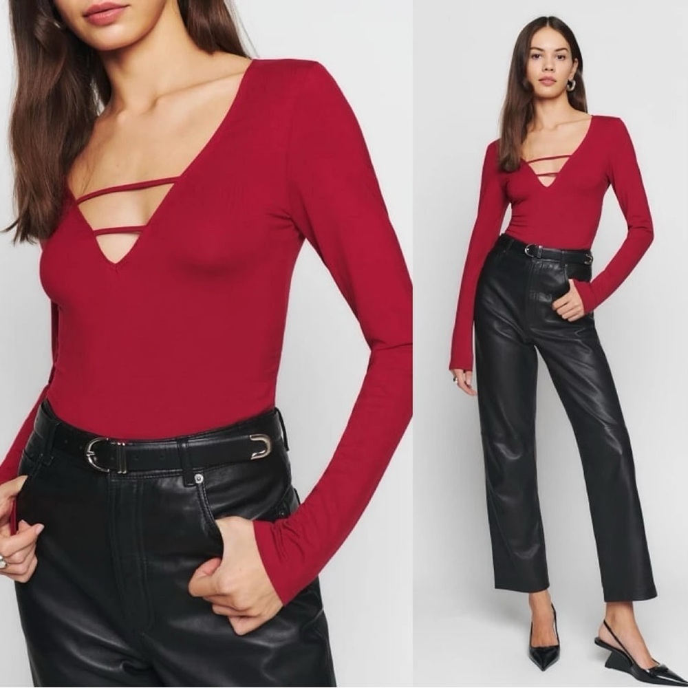 Reformation Leland Knit Top Longsleeve V-Neck Dark Romantic in Sangre Red Size M